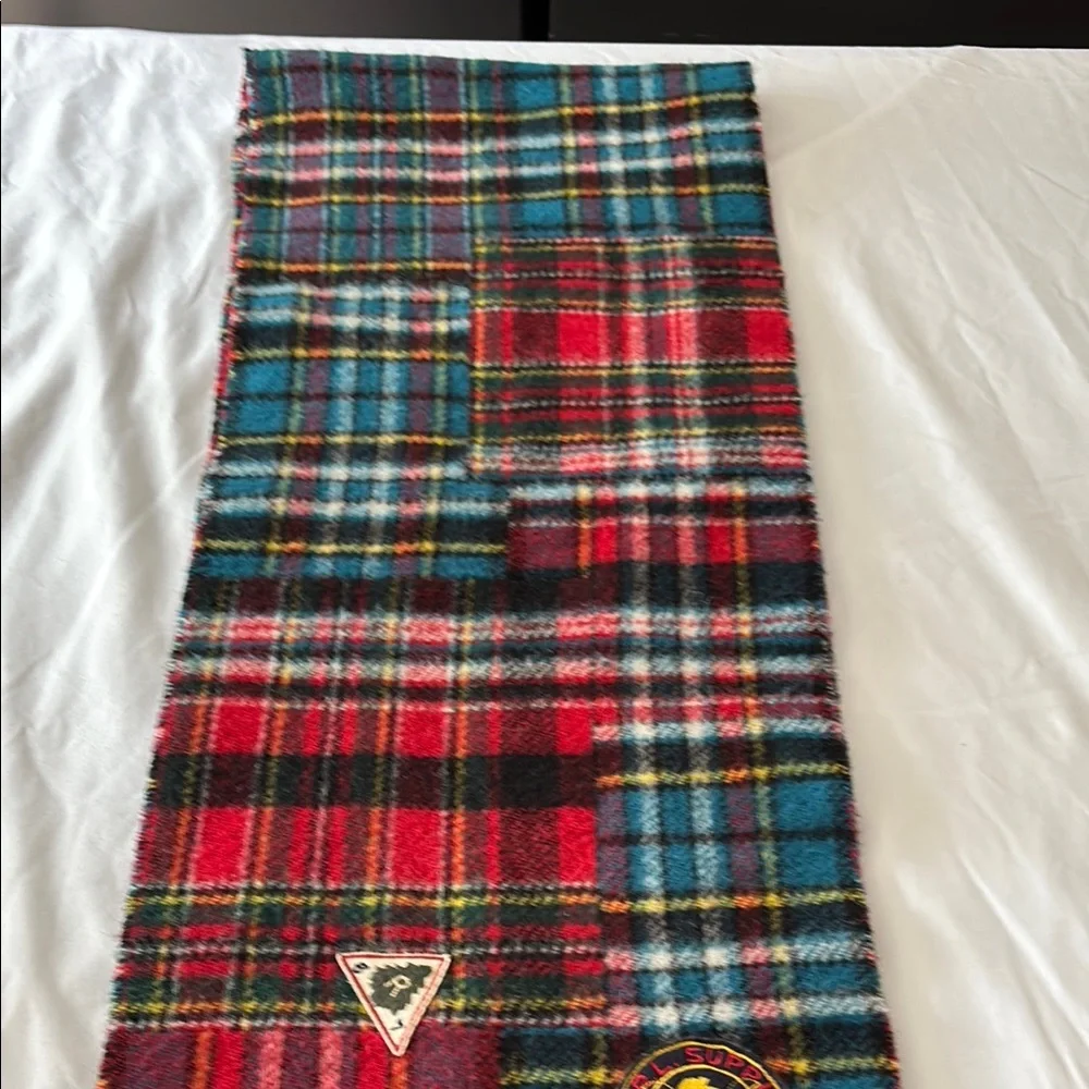 Polo Ralph ITALY Lauren Red Blue WOOL BLEND Plaid FISHING HUNTING PATCHES SCARF